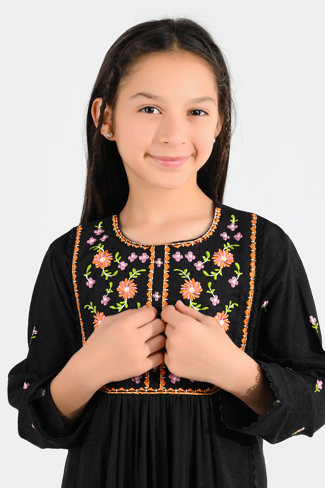 Girls Jacquard Emb Kurti Rango Ki Rani-BLACK