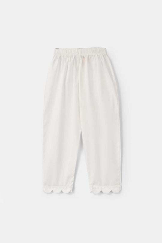 Girls Cotton Pants Scallops - White