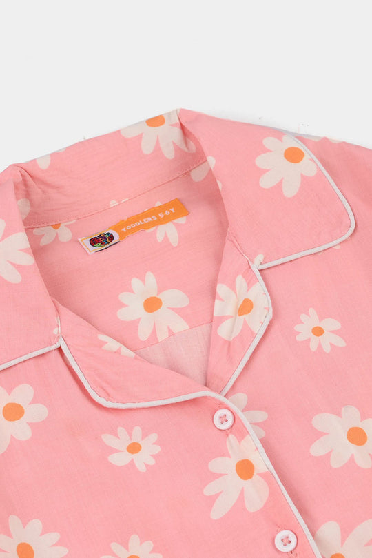 Girls Cotton Viscose Night Suit (Summer Vibes) - Pink