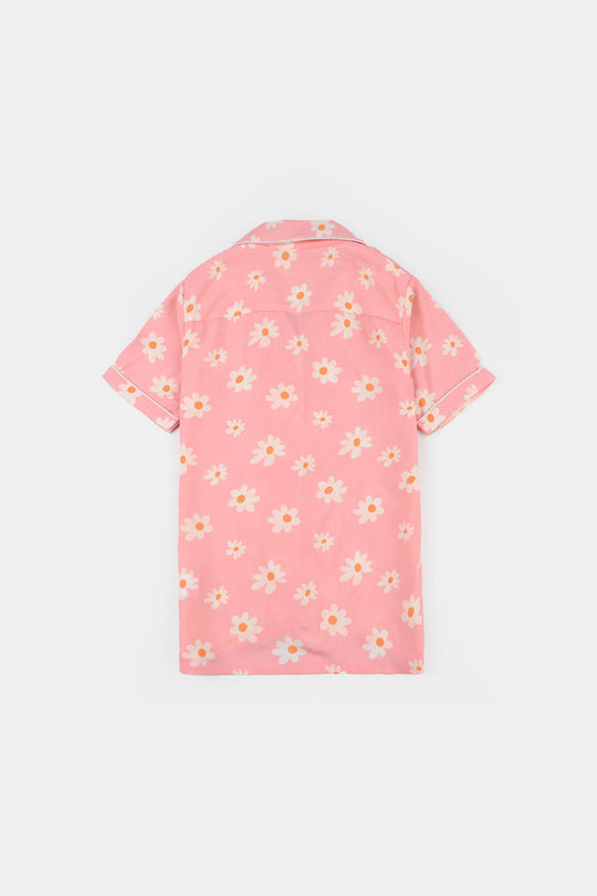 Girls Cotton Viscose Night Suit (Summer Vibes) - Pink