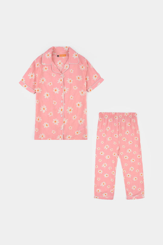 Girls Cotton Viscose Night Suit (Summer Vibes) - Pink