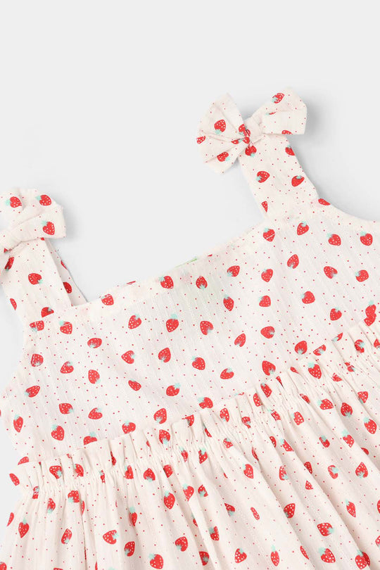 Infant Girls Raw Silk Casual Top ( Strawberry Dots) - White