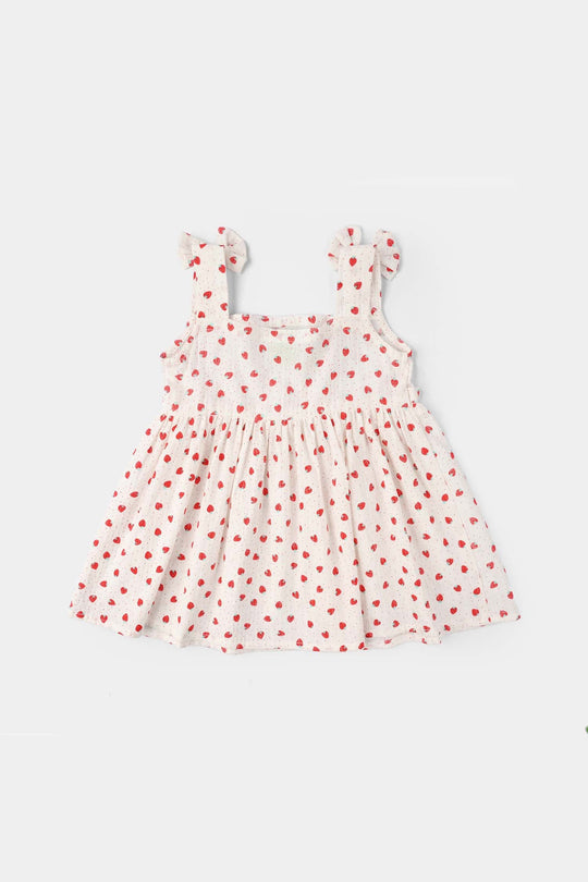 Infant Girls Raw Silk Casual Top ( Strawberry Dots) - White