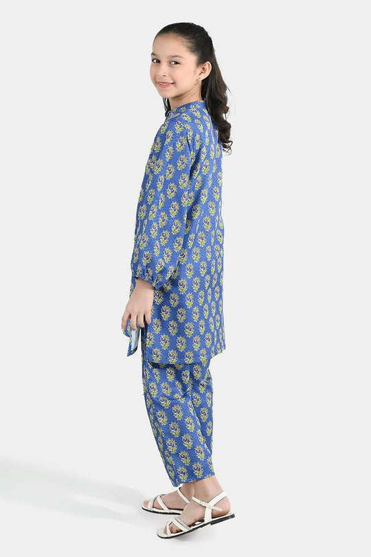 Girls Jacquard Printed 2Pcs Teal Flowers-Blue