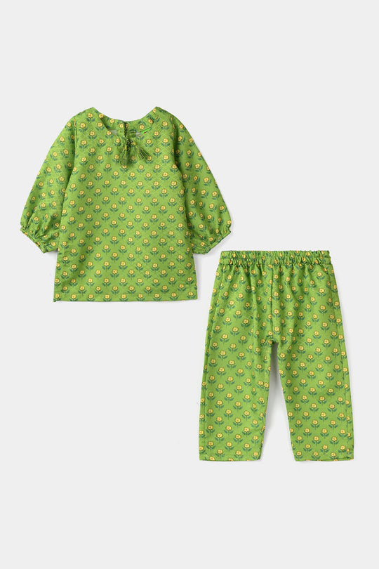 Infant Girls Jacquard Printed 2-Pcs Suit - Dhani Green