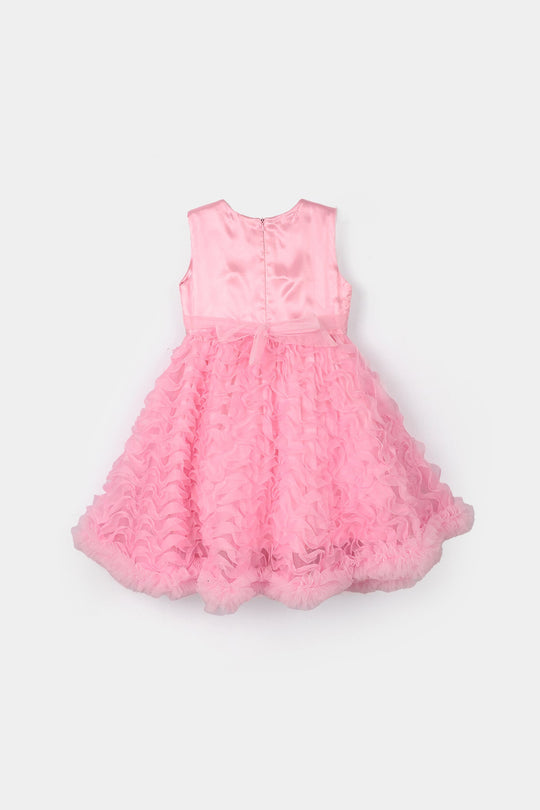Girls Net Fancy Frock-Swirl-PINK