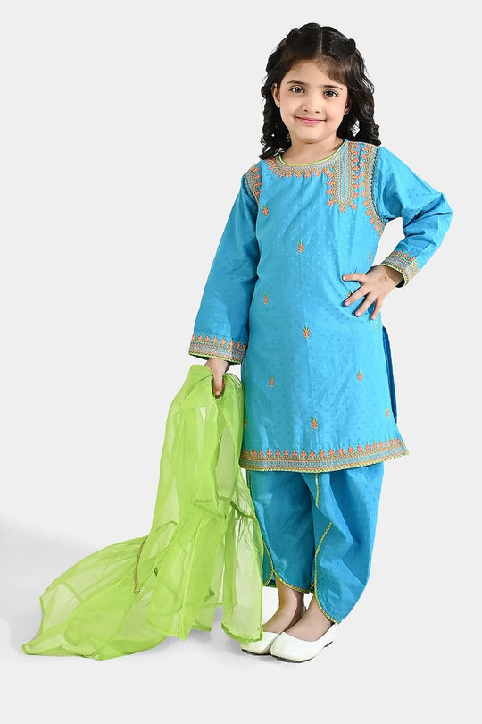 Girls Viscose 3-Pc Set (Falak) - Teal Blue/Green
