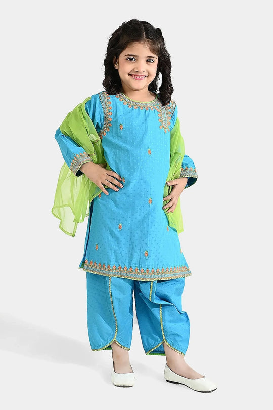 Girls Viscose 3-Pc Set (Falak) - Teal Blue/Green