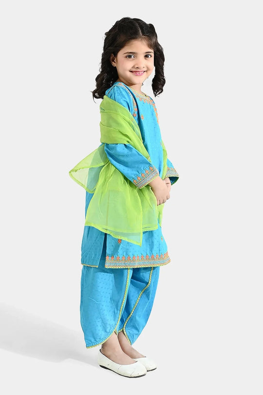 Girls Viscose 3-Pc Set (Falak) - Teal Blue/Green
