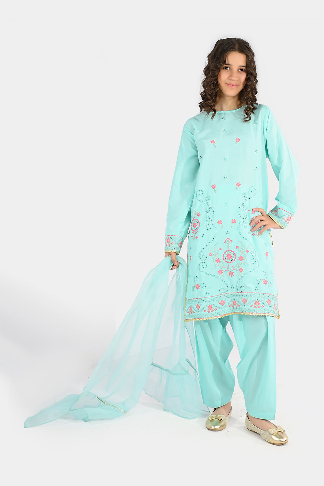 Girls Poly Cambric 3-Piece Ghazal Set - Mint Green