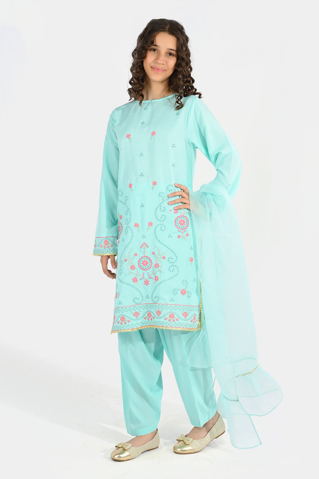 Girls Poly Cambric 3-Piece Ghazal Set - Mint Green