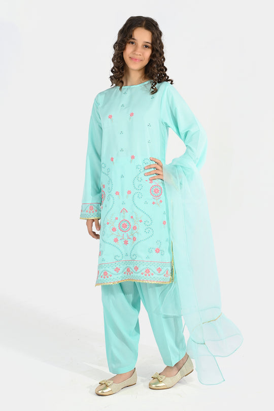 Girls Poly Cambric 3-Piece Ghazal Set - Mint Green