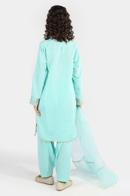 Girls Poly Cambric 3-Piece Ghazal Set - Mint Green