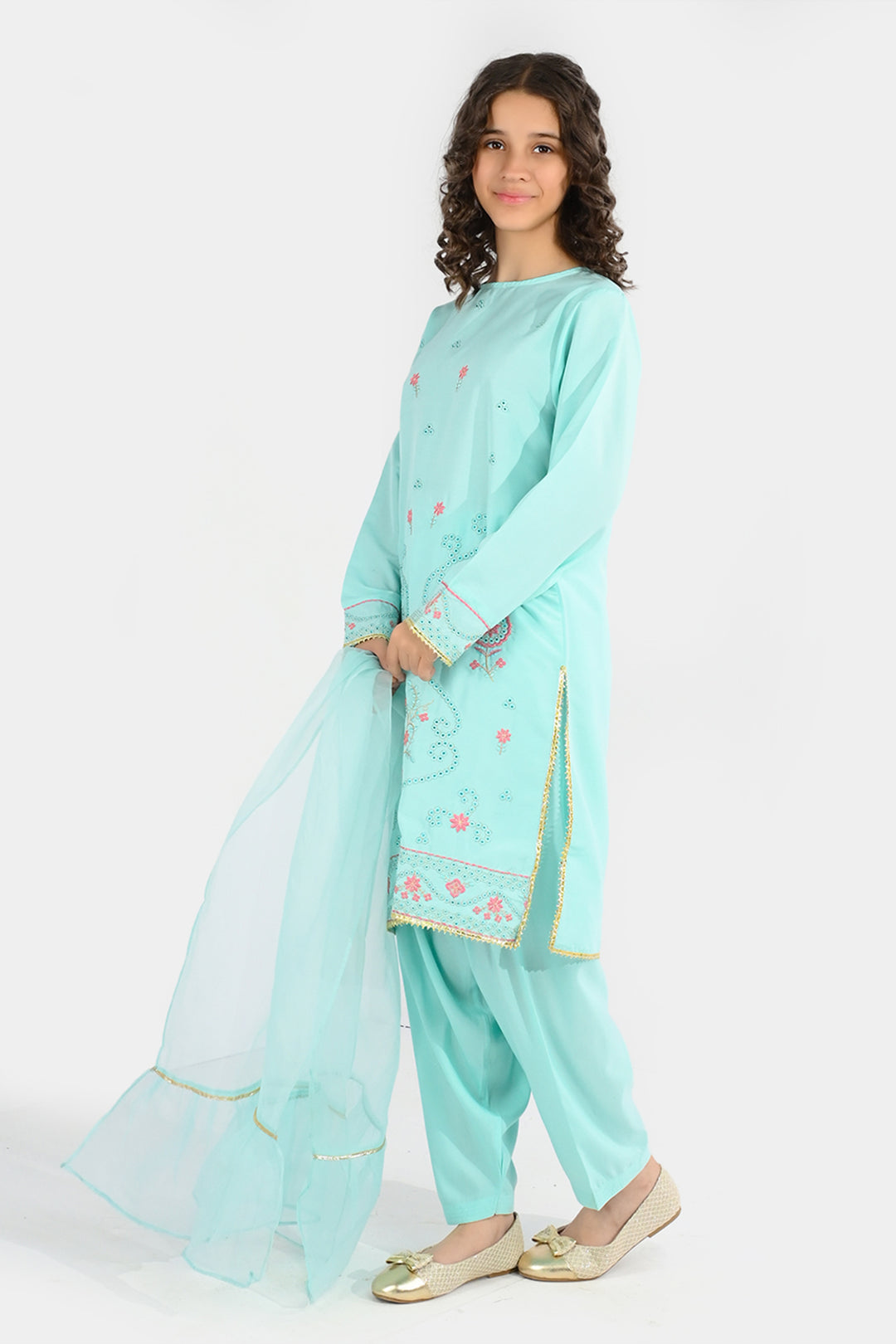Girls Poly Cambric 3-Piece Ghazal Set - Mint Green