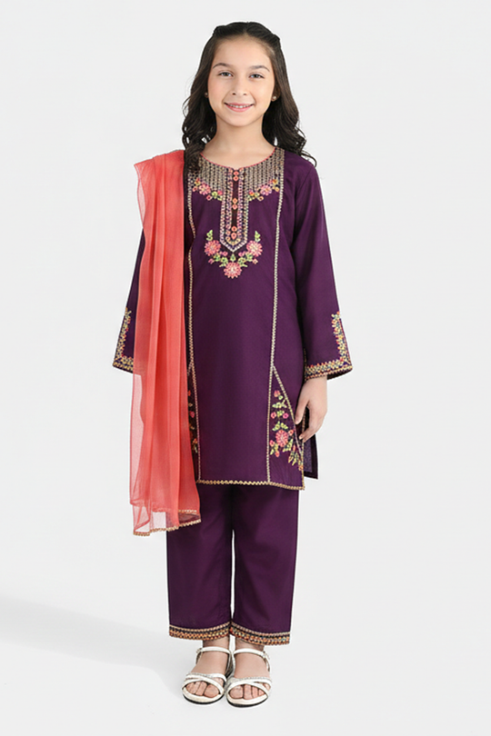 Girls Poly Cambric 3-Piece Set (Rang Saaz) - Purple