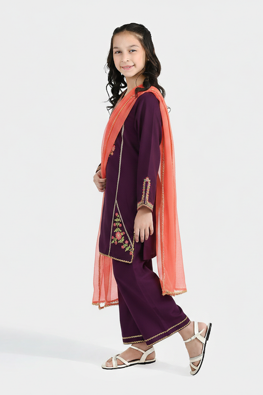 Girls Poly Cambric 3-Piece Set (Rang Saaz) - Purple