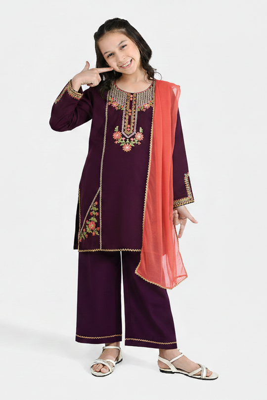 Girls Poly Cambric 3-Piece Set (Rang Saaz) - Purple