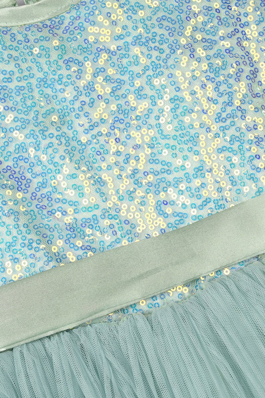 Girls Sequence Fancy Frock-Pleated-Sea.Green