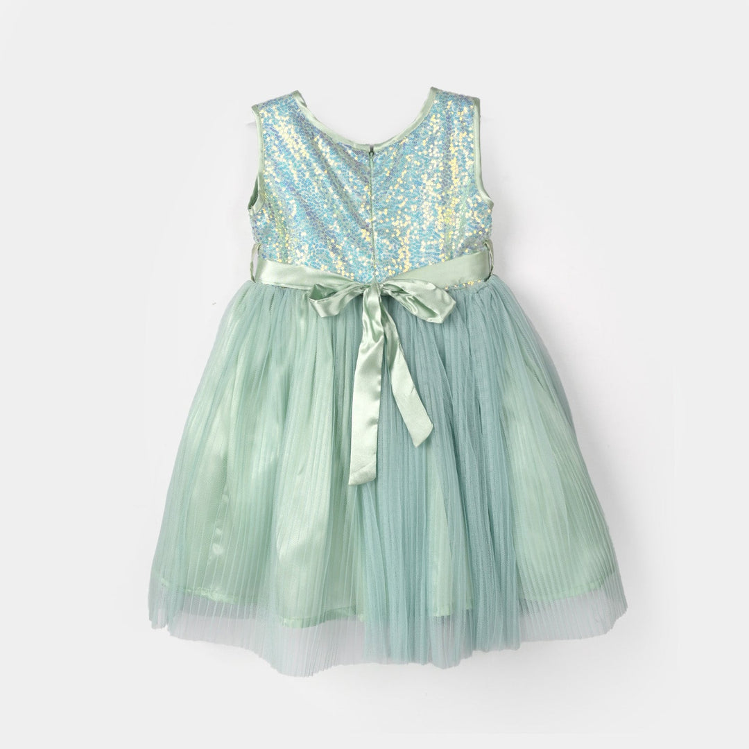 Girls Sequence Fancy Frock-Pleated-Sea.Green