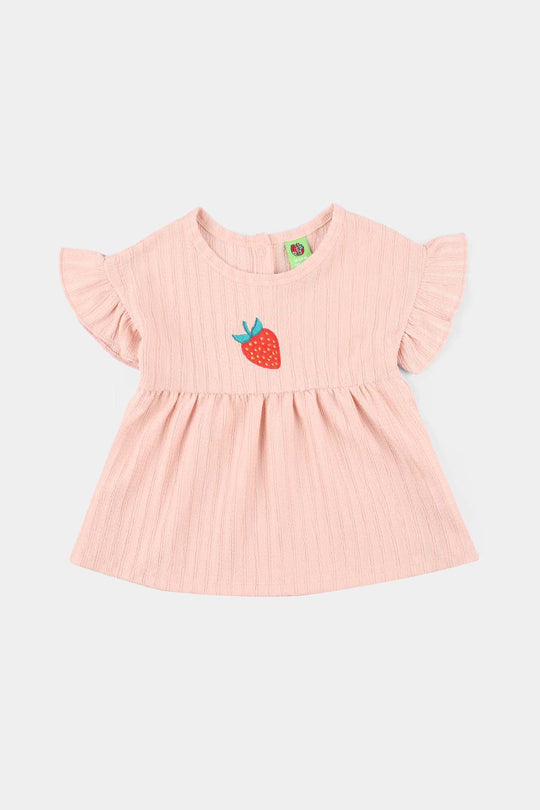 Infant Girls Poly Crinkle Knitted Frock (Strawberry) - Pink