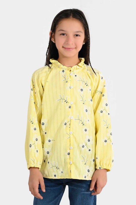 Girls Seersucker Casual Top - Dusty Lemon Yellow