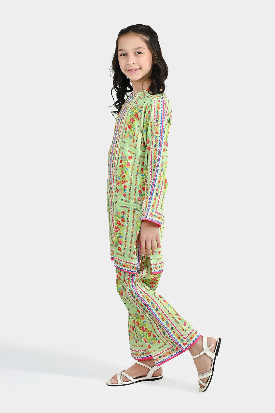 Girls Poly Lawn Printed 2Pcs Rang Bhar-Multi