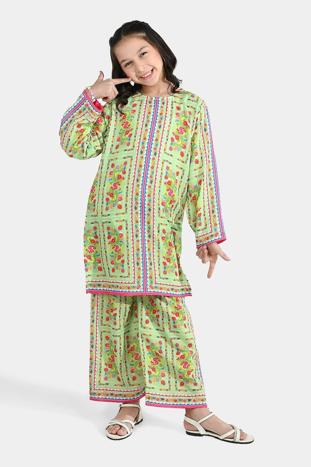 Girls Poly Lawn Printed 2Pcs Rang Bhar-Multi