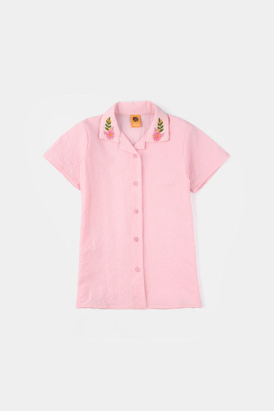 Girls Poly Crinkle Embroidered Co-Ord Set (Butterfly) - Light Pink