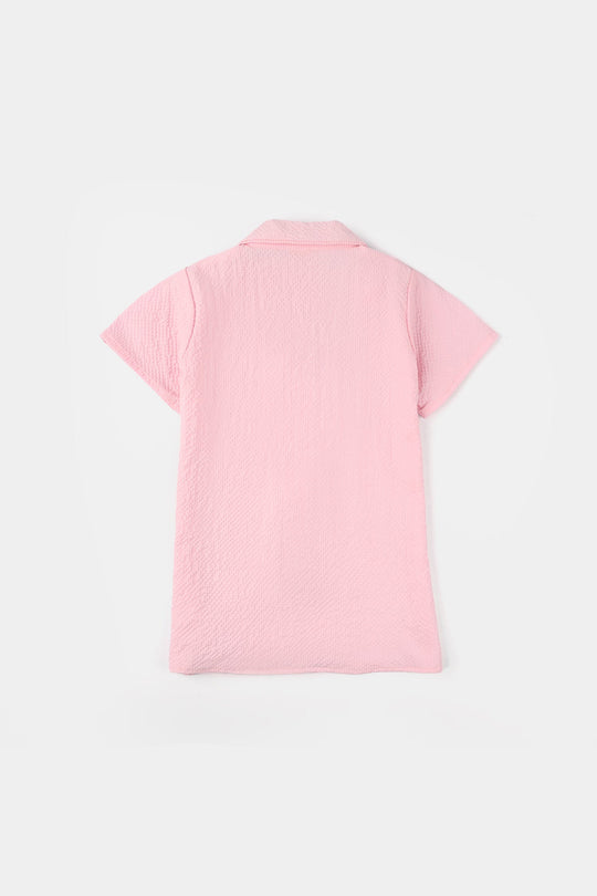 Girls Poly Crinkle Embroidered Co-Ord Set (Butterfly) - Light Pink