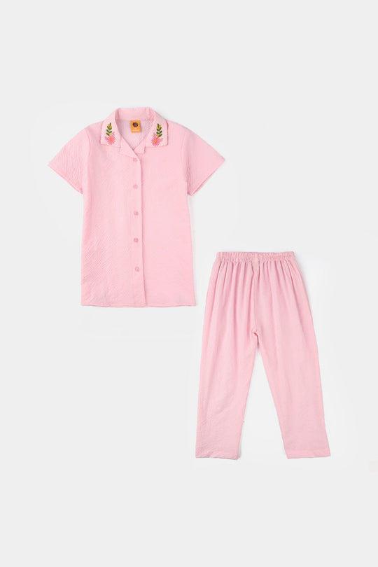 Girls Poly Crinkle Embroidered Co-Ord Set (Butterfly) - Light Pink
