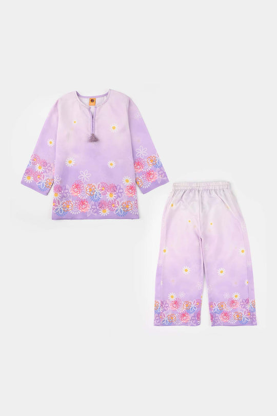 Girls Poly Lawn Co-Ord Set (Daisy) - Light Purple