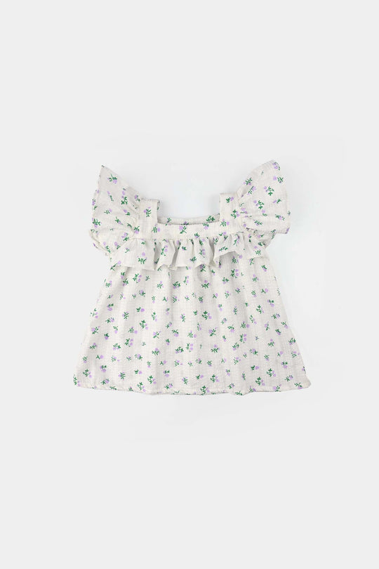 Infant Girls Seersucker Casual Top (Blue Bow) - White