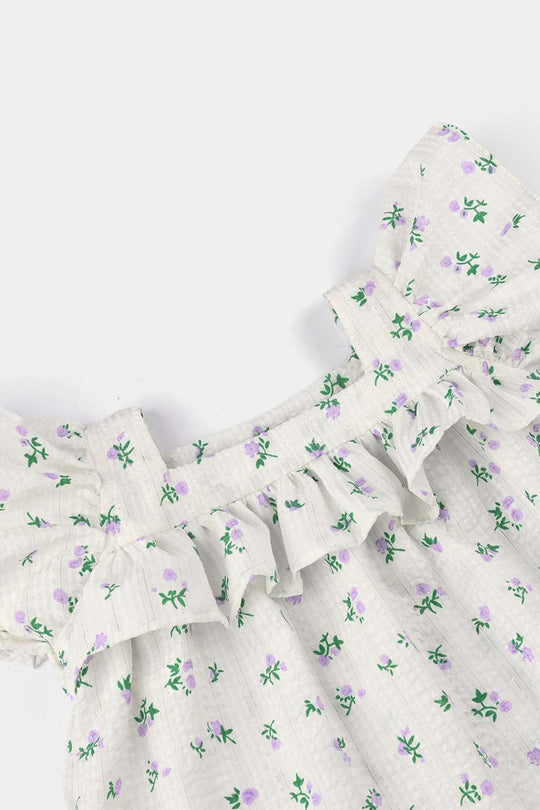 Infant Girls Seersucker Casual Top (Blue Bow) - White