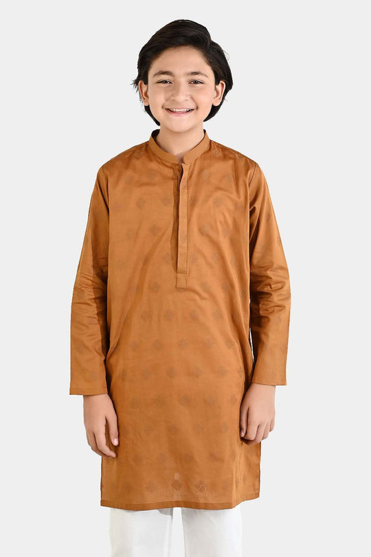 Boys Cotton Jacquard Printed Kurta (Tone on Tone) - Rust