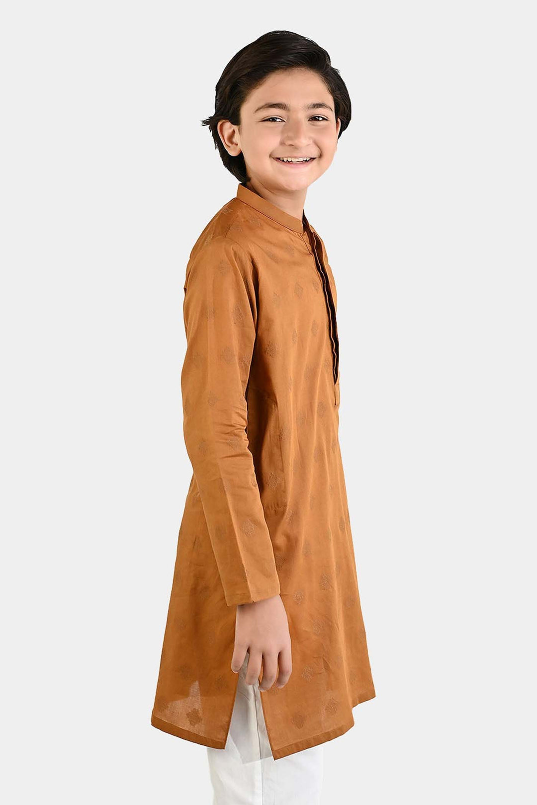 Boys Cotton Jacquard Printed Kurta (Tone on Tone) - Rust