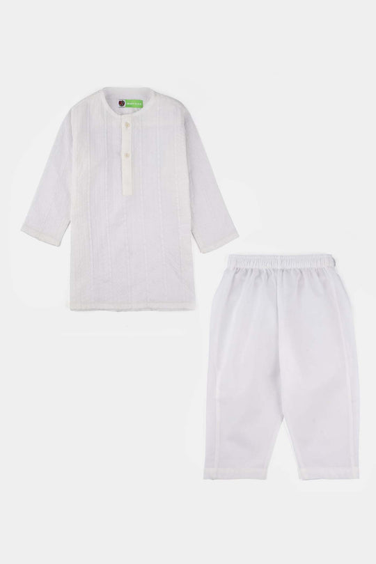 Infant Boys Cotton Kurta Pajama (Chicken Kari) - White