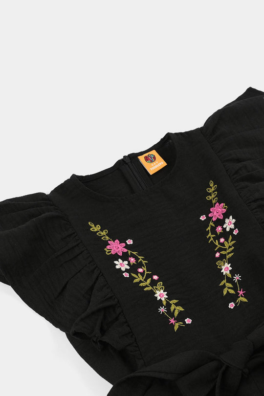 Girls Cotton Embroidered Jumpsuit (Knight Rise) - Black
