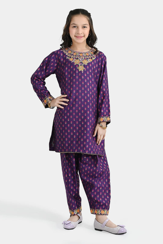 Girls Cotton Jacquard Emb 2Pcs Dilruba-PURPLE