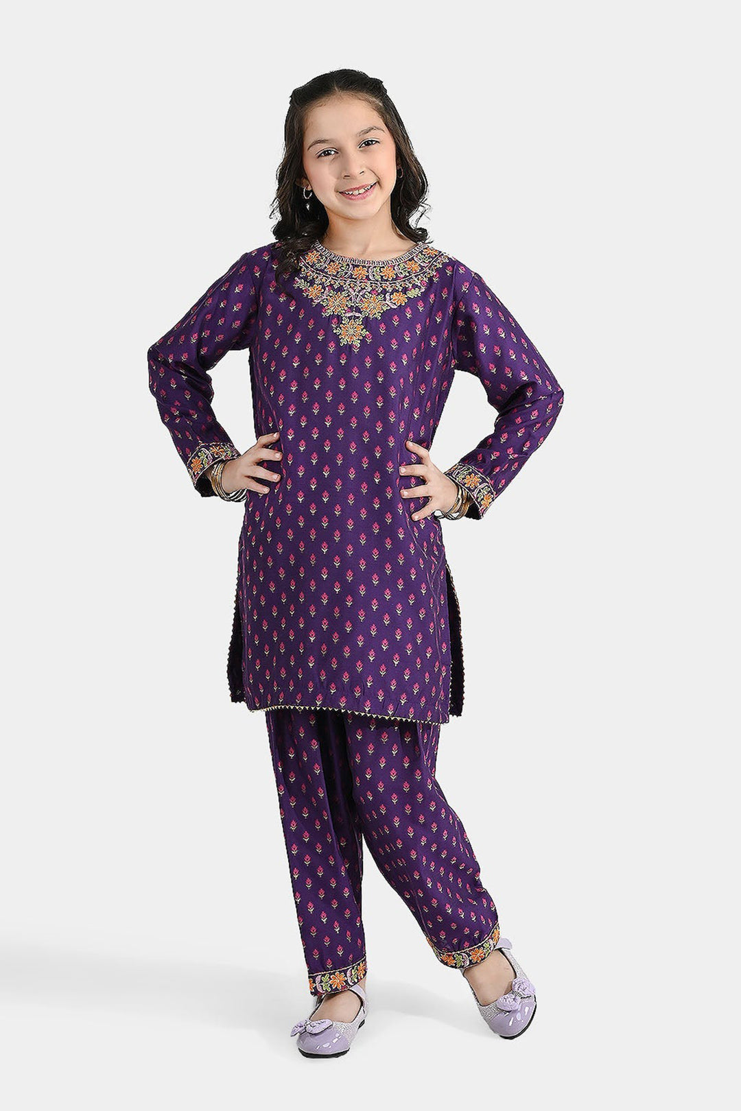 Girls Cotton Jacquard Emb 2Pcs Dilruba-PURPLE