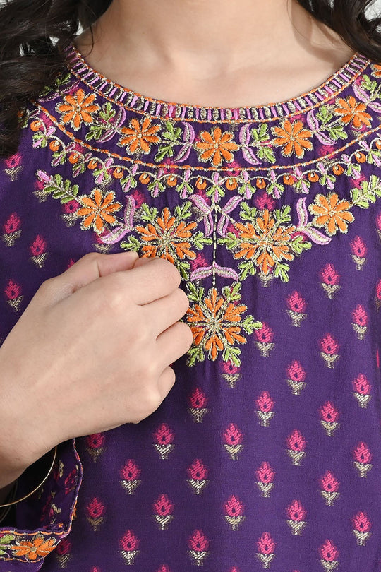 Girls Cotton Jacquard Emb 2Pcs Dilruba-PURPLE