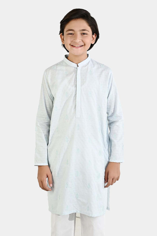 Boys Cotton Jacquard Embroidered Kurta (Breeze) - Light Blue