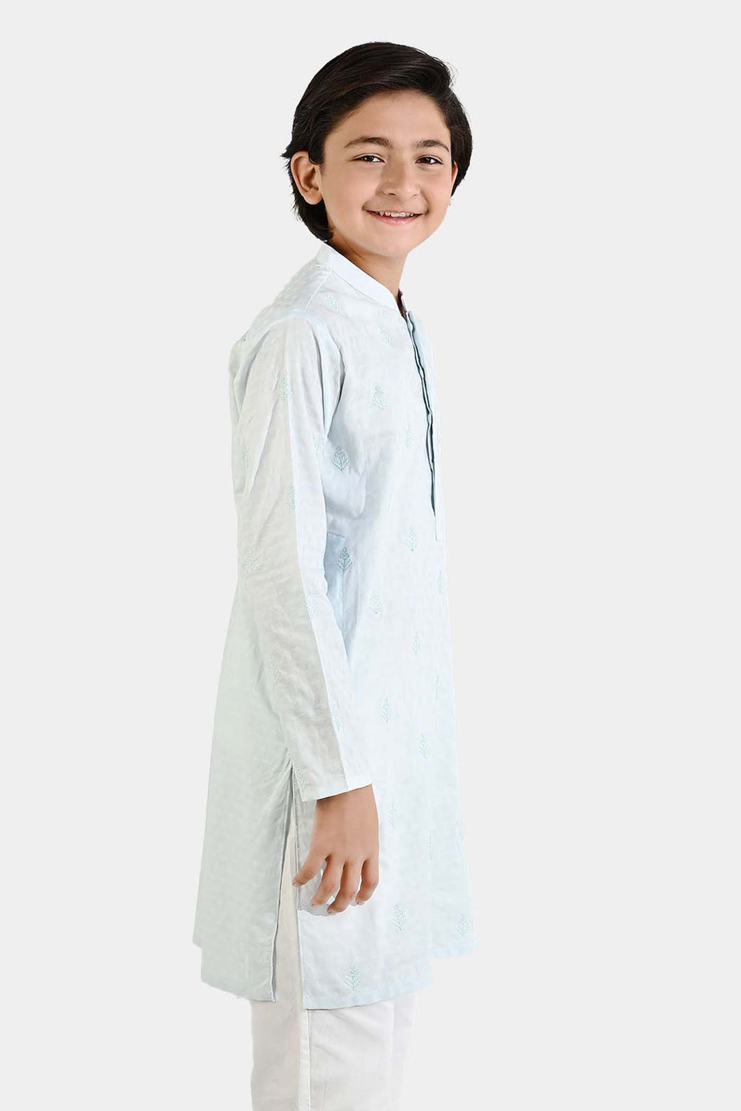 Boys Cotton Jacquard Embroidered Kurta (Breeze) - Light Blue