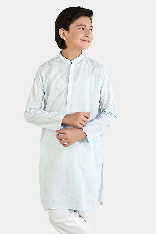 Boys Cotton Jacquard Embroidered Kurta (Breeze) - Light Blue