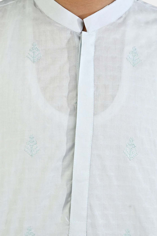 Boys Cotton Jacquard Embroidered Kurta (Breeze) - Light Blue