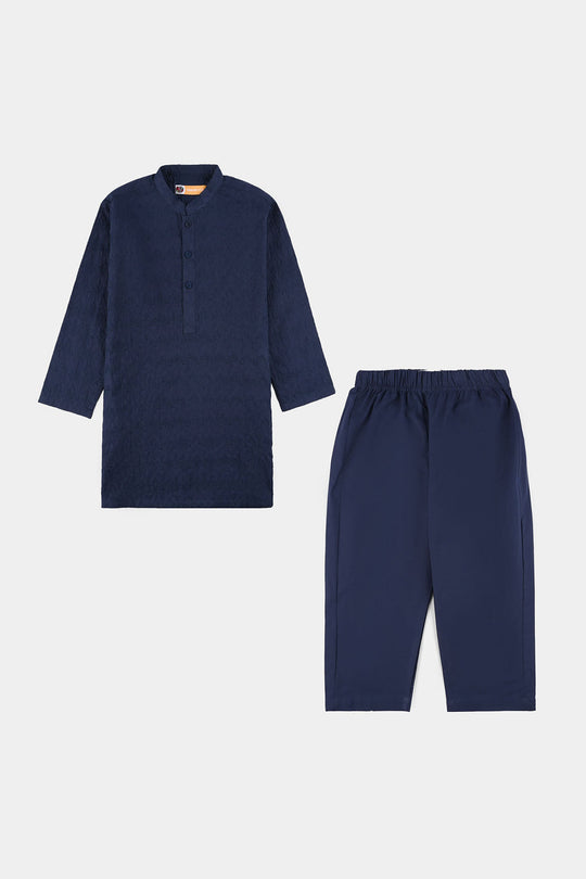 Boys Cotton Poplin Kurta Pajama (Chicken Kari) - Blue
