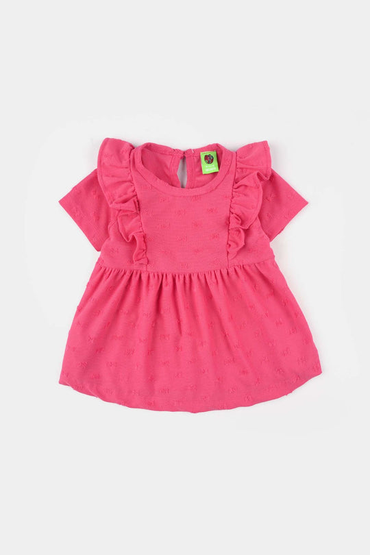 Infant Girls Jacquard Frill Frock (Bow) - Pink