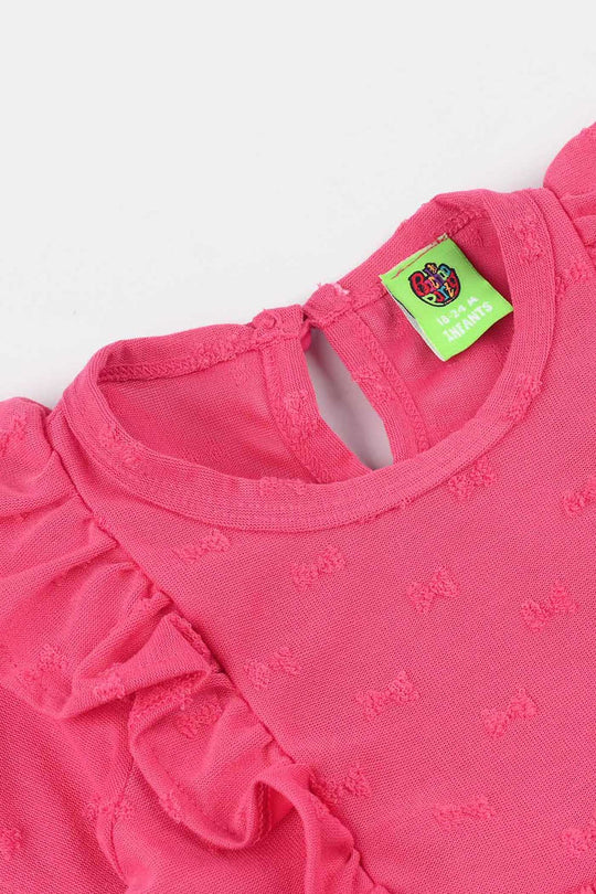 Infant Girls Jacquard Frill Frock (Bow) - Pink
