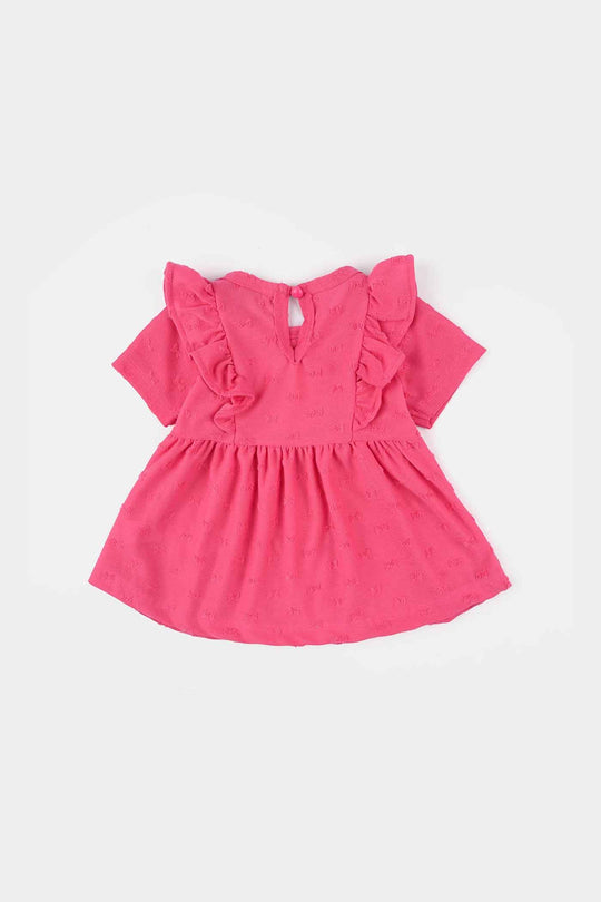Infant Girls Jacquard Frill Frock (Bow) - Pink