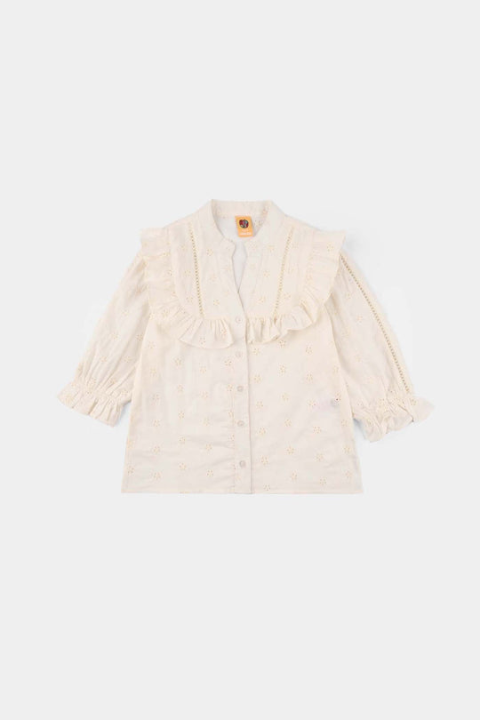 Girls Cotton Embroidered Top (Galaxy) - Off White