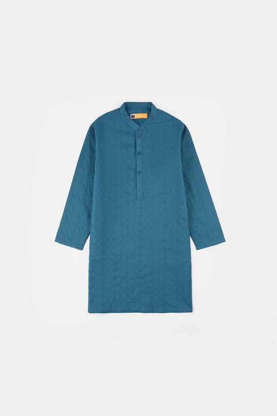 Boys Cotton Poplin Chicken Kari Kurta - Teal Blue